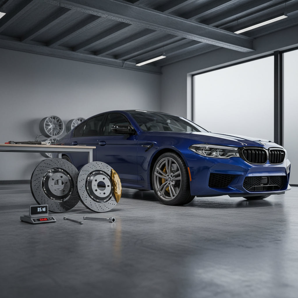 A high-performance BMW M5 F90 equipped with a 400mm front and 380mm rear carbon ceramic brake rotor kit