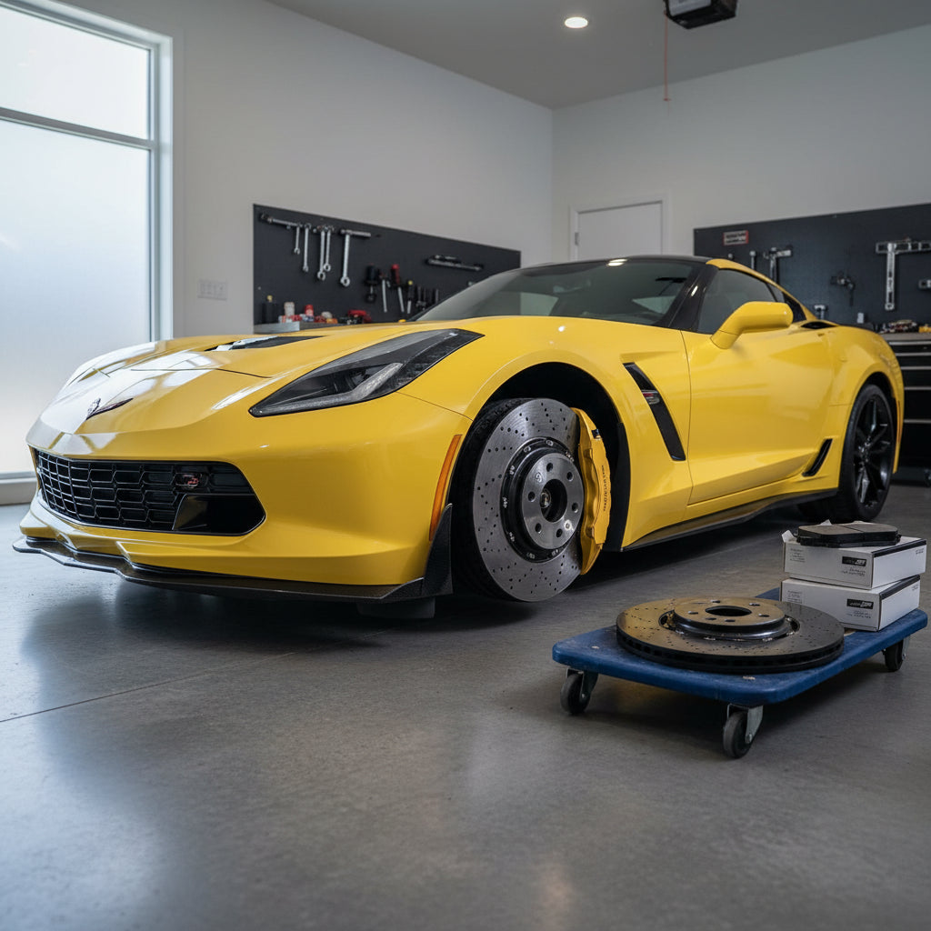 A 2015 Corvette Z06 with the Z07 package showing the carbon ceramic brake rotors and large grey calipers