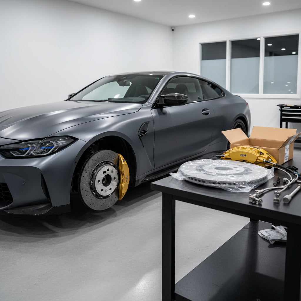 A gold BMW M Carbon Ceramic Brake caliper and rotor assembly on a BMW G80 M3 performance sedan