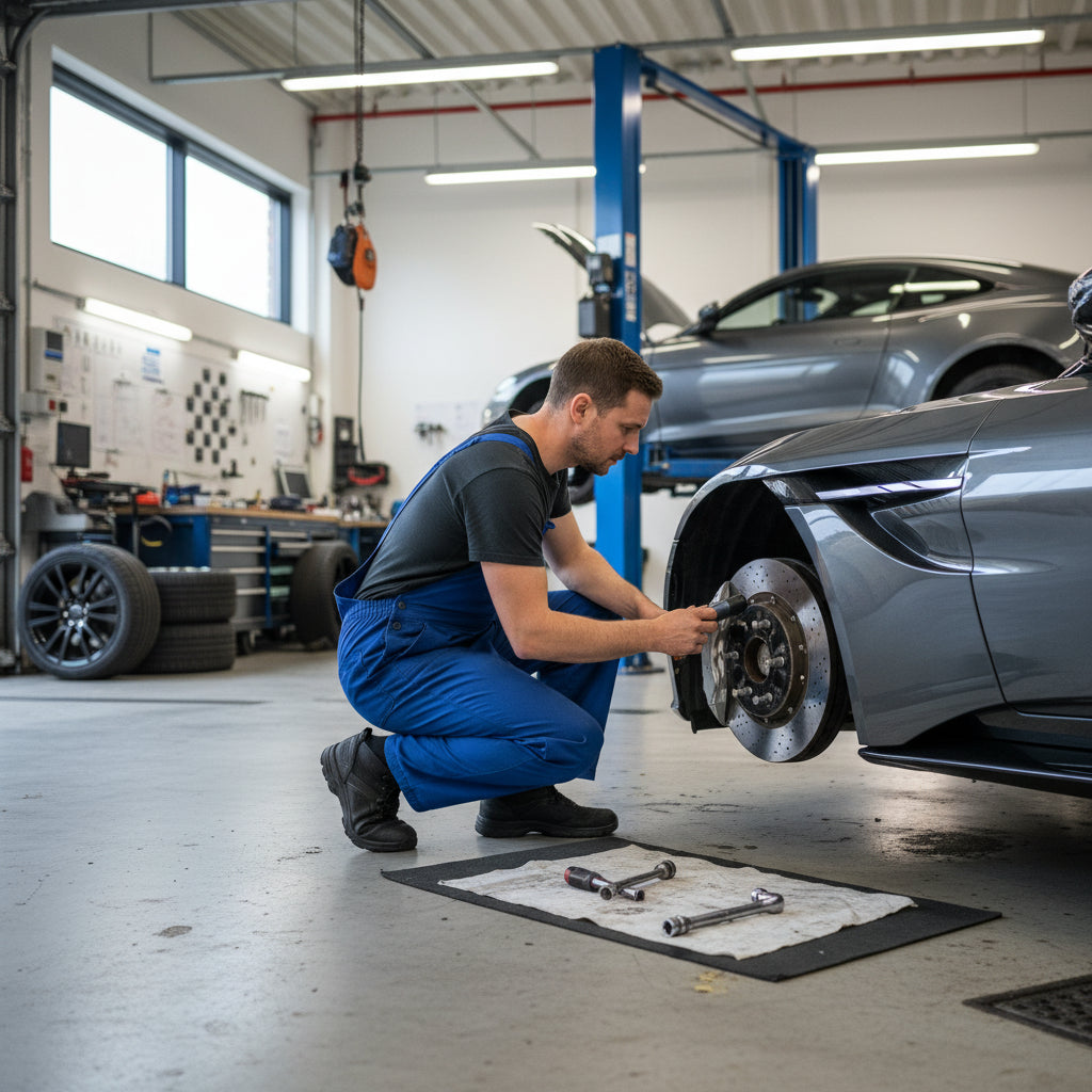 A high-performance carbon ceramic brake rotor and multi-piston caliper installed on a luxury British grand tourer