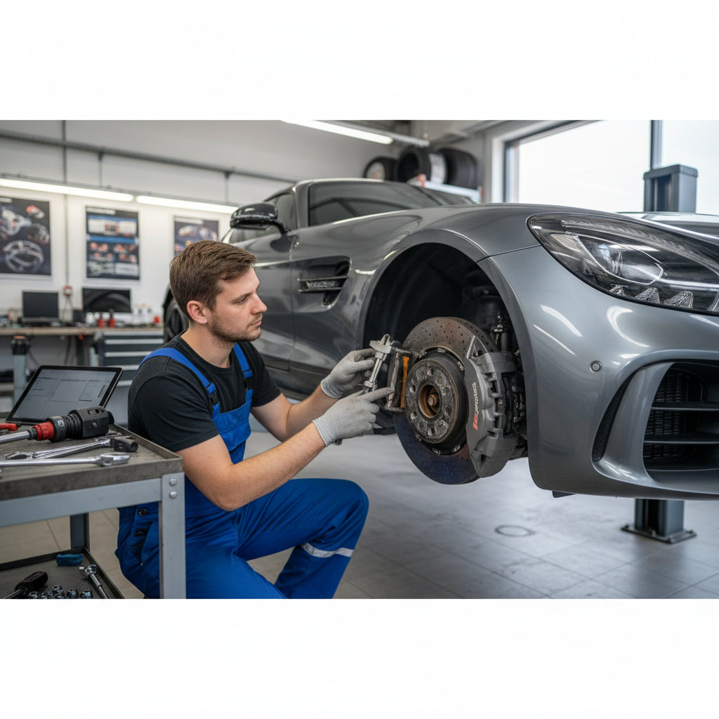 A high-performance Mercedes-AMG GT carbon ceramic brake system highlighting the multi-piston caliper and rotor interface