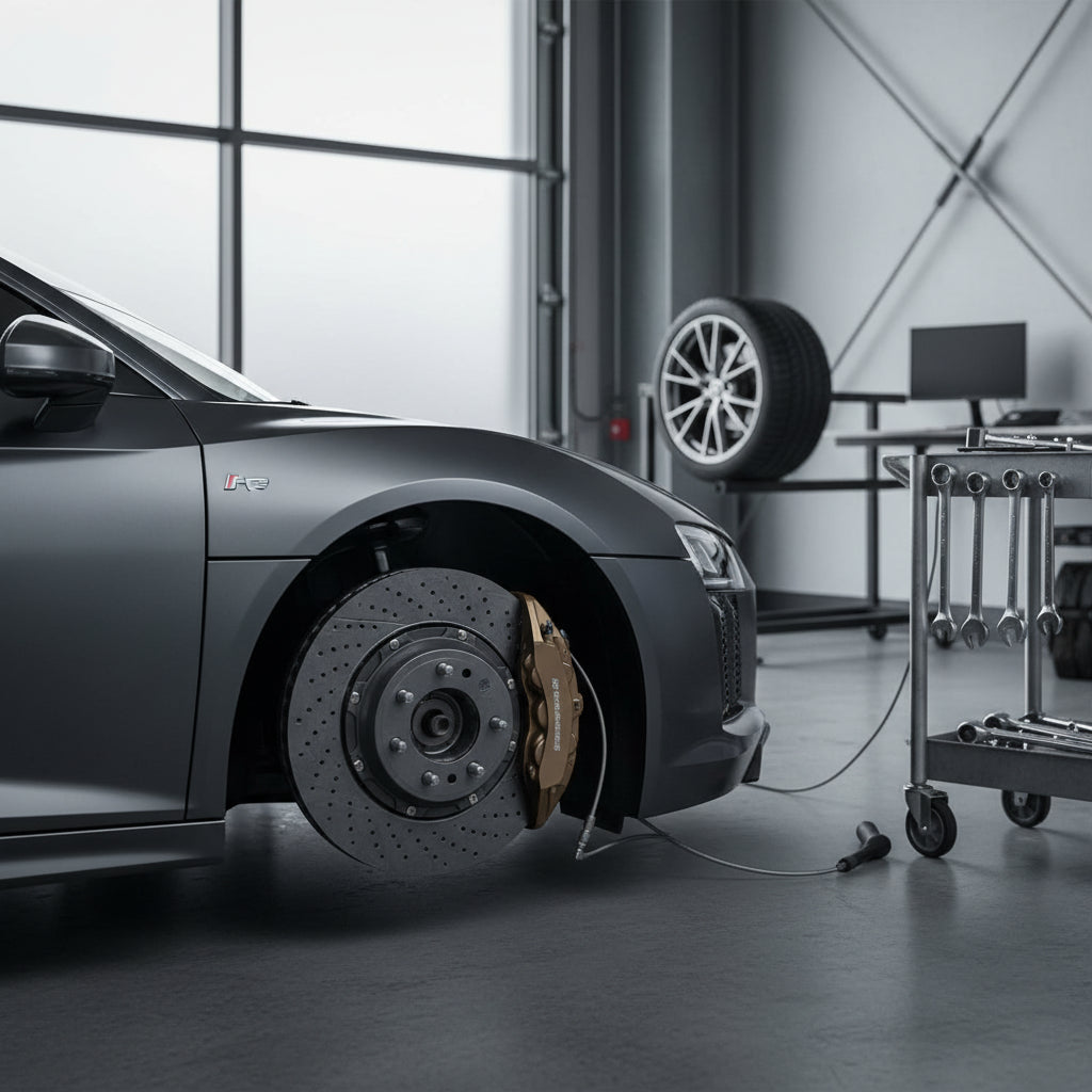 A close-up view of a high-performance Audi R8 carbon ceramic brake rotor and caliper assembly