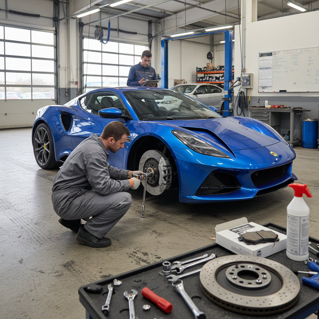 A detailed view of a high-performance braking system on a Lotus Emira showing the disc rotor and multi-piston caliper