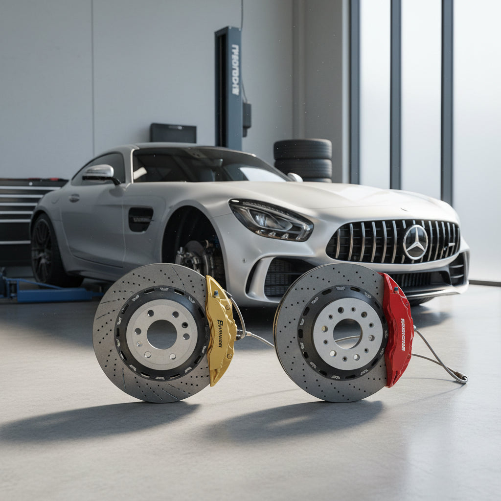 A close-up view of the gold-painted brake calipers and carbon ceramic rotors on a Mercedes-AMG GT performance coupe