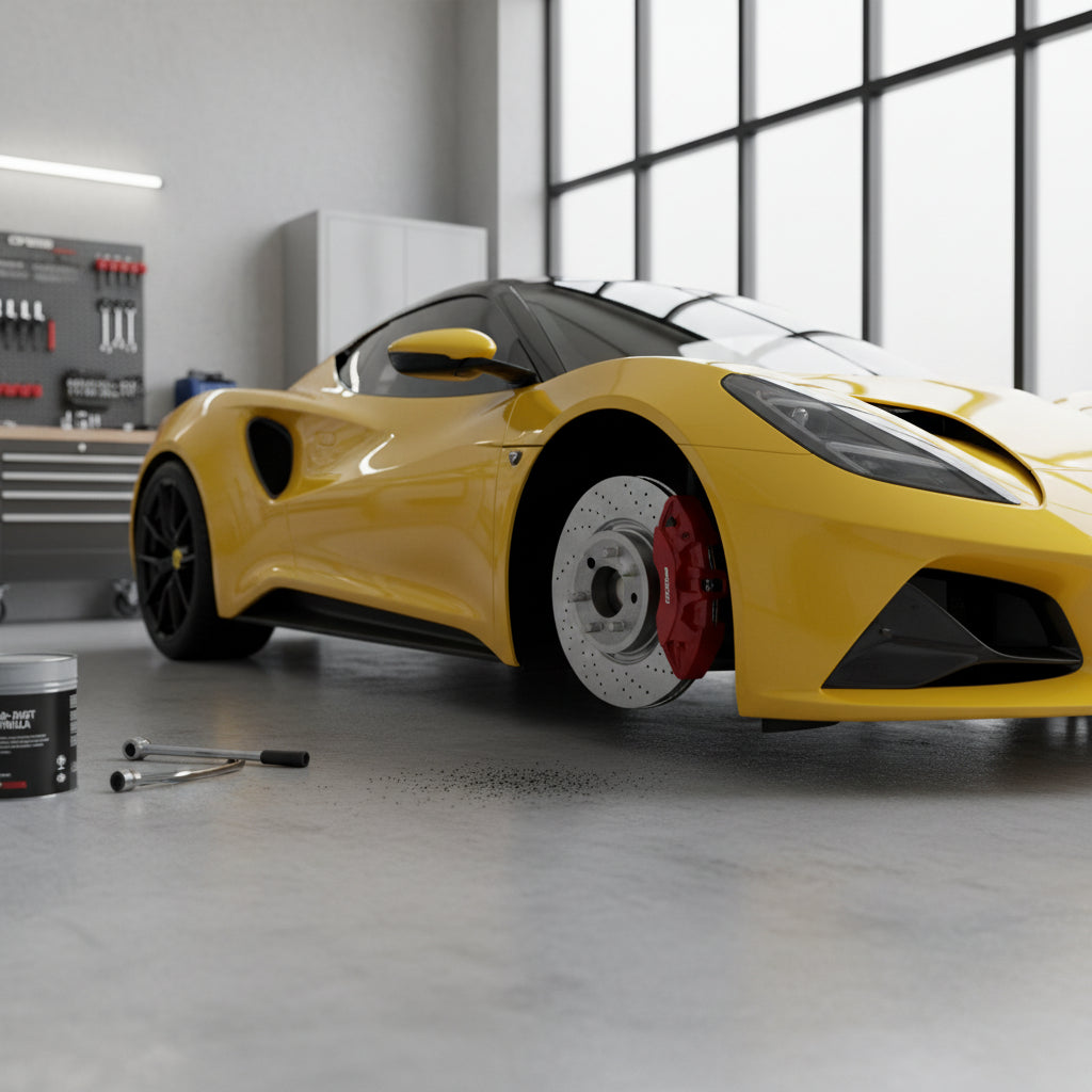 A detailed view of a Lotus Emira wheel and brake assembly highlighting the brake pads and rotors