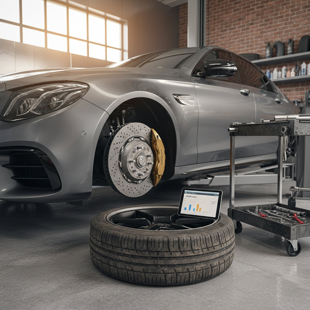 A close-up view of a 2018 Mercedes-Benz AMG E63s front carbon ceramic brake rotor and gold-painted AMG caliper