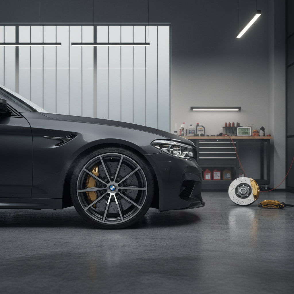 A BMW M5 F90 featuring gold calipers and carbon ceramic brake rotors for enhanced high-speed braking stability