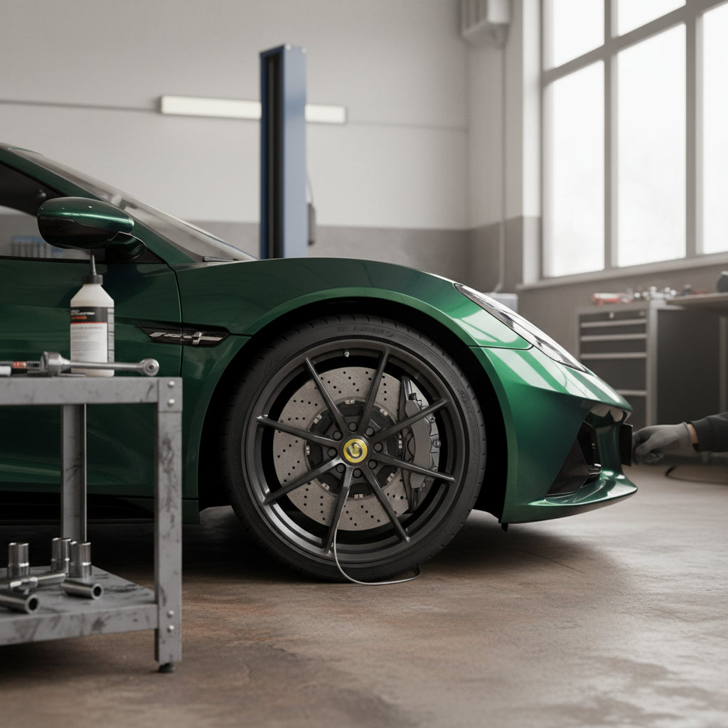 A close-up of a high-performance carbon ceramic brake rotor and multi-piston caliper installed on a Lotus Emira
