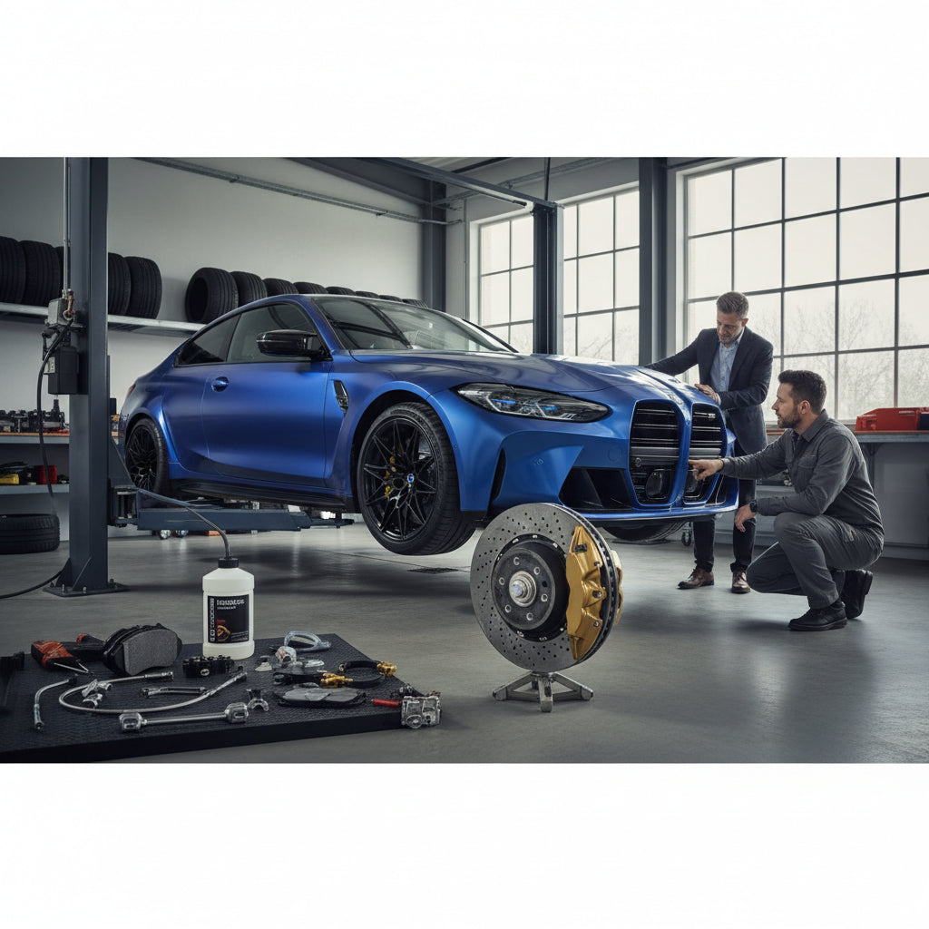 Gold calipers and carbon ceramic rotors installed on a BMW M4 G82 during a high-performance brake retrofit