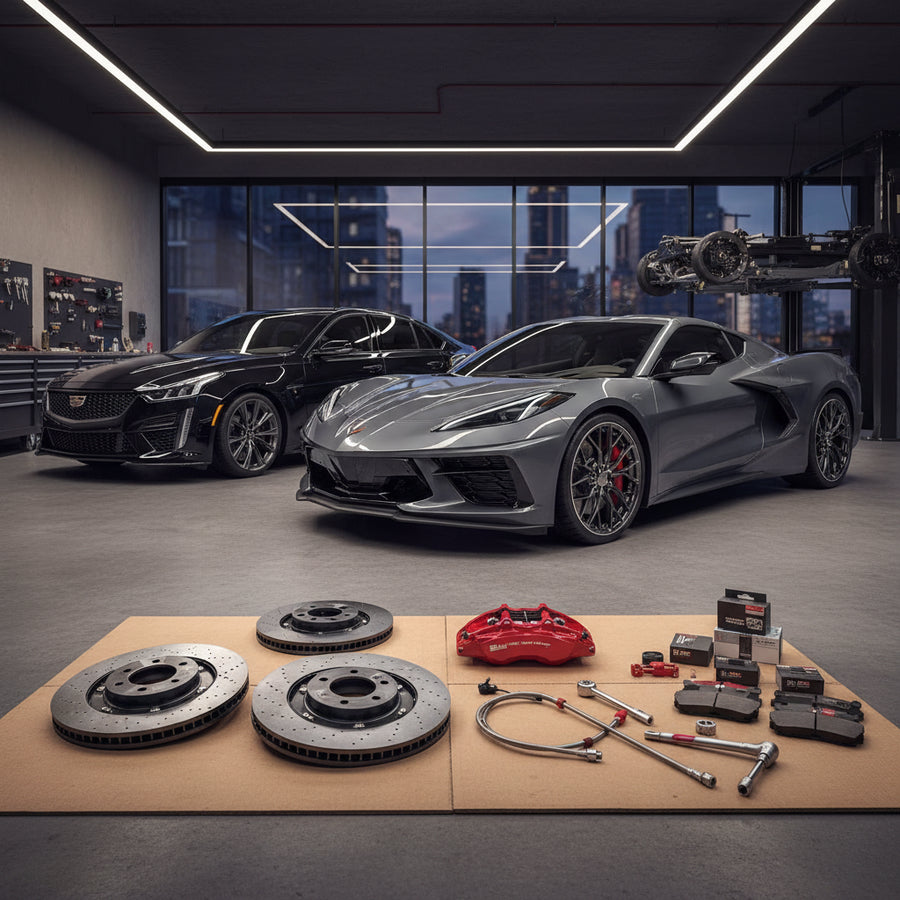 A close-up view of a high-performance carbon ceramic brake disc and multi-piston caliper on a modern performance sedan