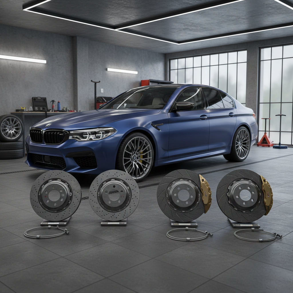 Technical comparison of BMW M5 F90 iron brake rotors and lightweight 400mm carbon ceramic discs showing weight reduction bene