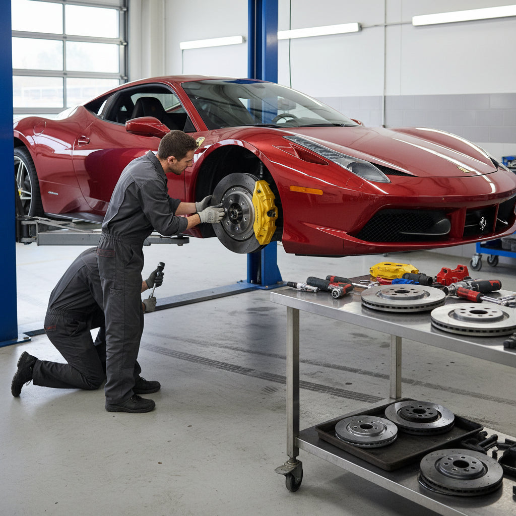 A high-performance iron brake rotor conversion kit designed for the Ferrari 458 Italia wheel and caliper assembly