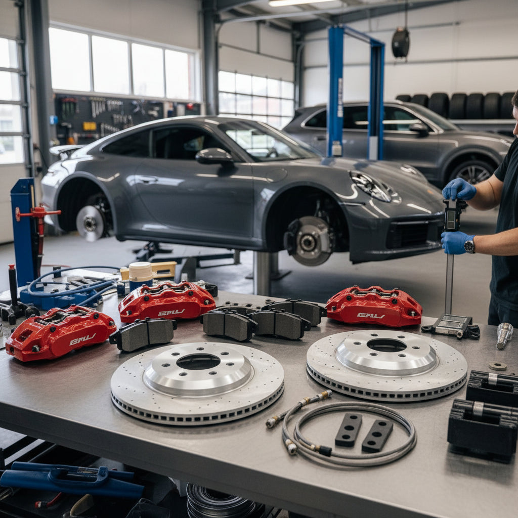 A high-performance Porsche Big Brake Kit with multi-piston calipers and carbon ceramic rotors installed on a 911