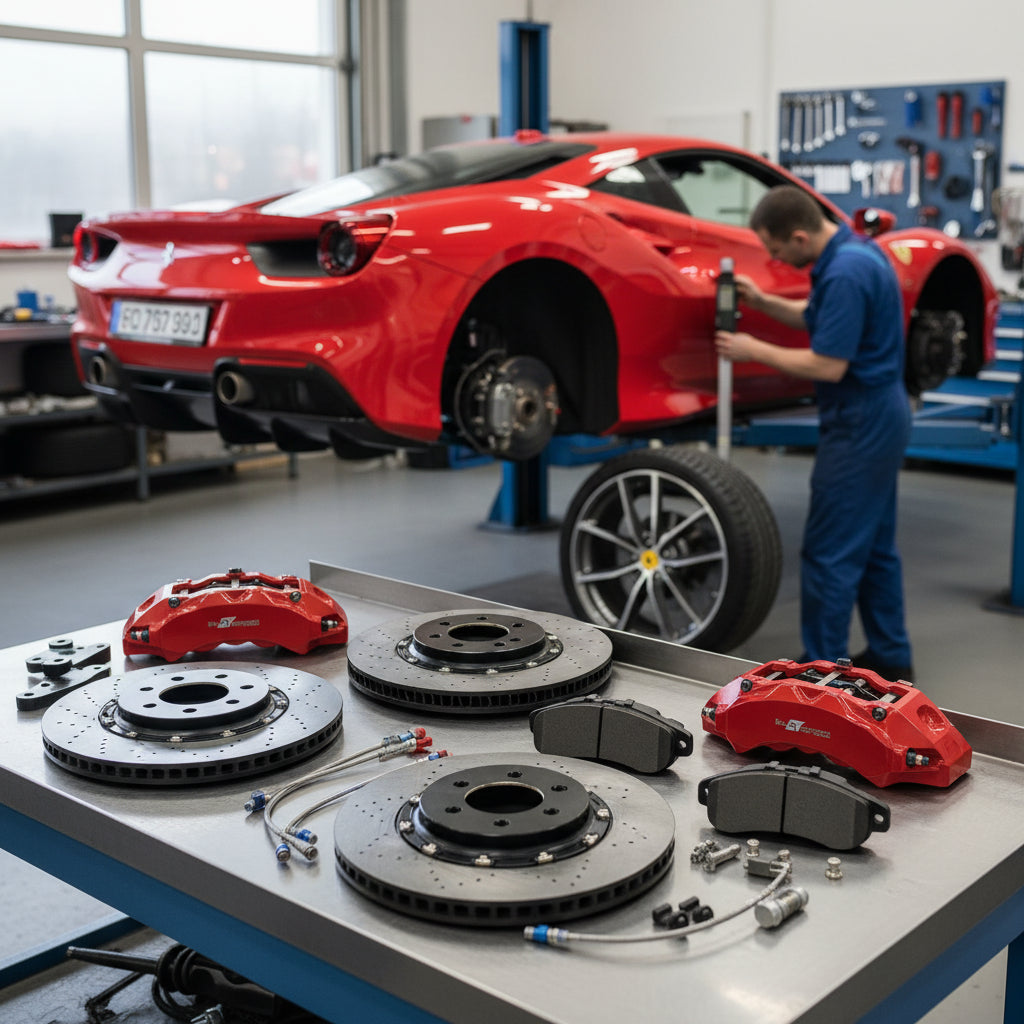 A high-performance Ferrari Big Brake Kit featuring multi-piston calipers and large carbon ceramic rotors for improved stoppin