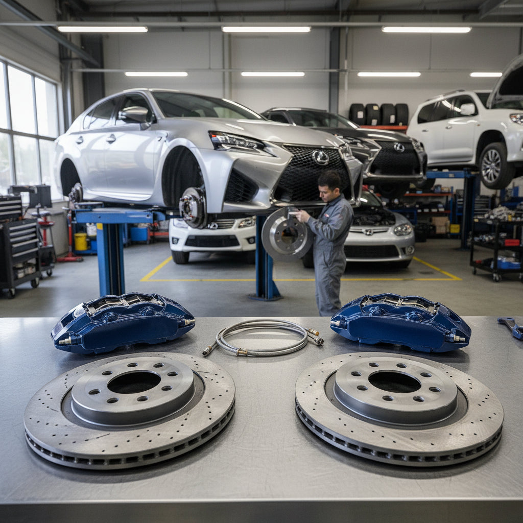 A Lexus RC F equipped with a high-performance carbon ceramic Big Brake Kit showing wheel clearance and caliper positioning