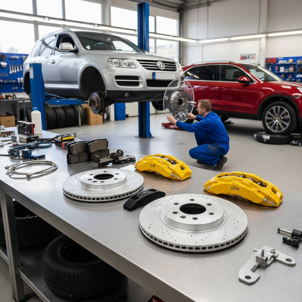 A set of yellow Porsche Cayenne PCCB calipers ready for installation as a Porsche Big Brake Kit upgrade on a Volkswagen Touar
