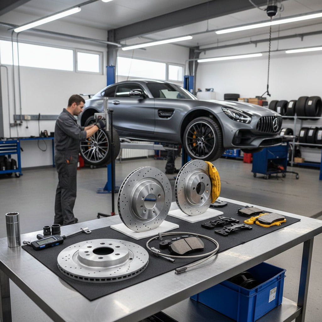A high-performance Mercedes-AMG Big Brake Kit featuring large multi-piston calipers and carbon ceramic rotors