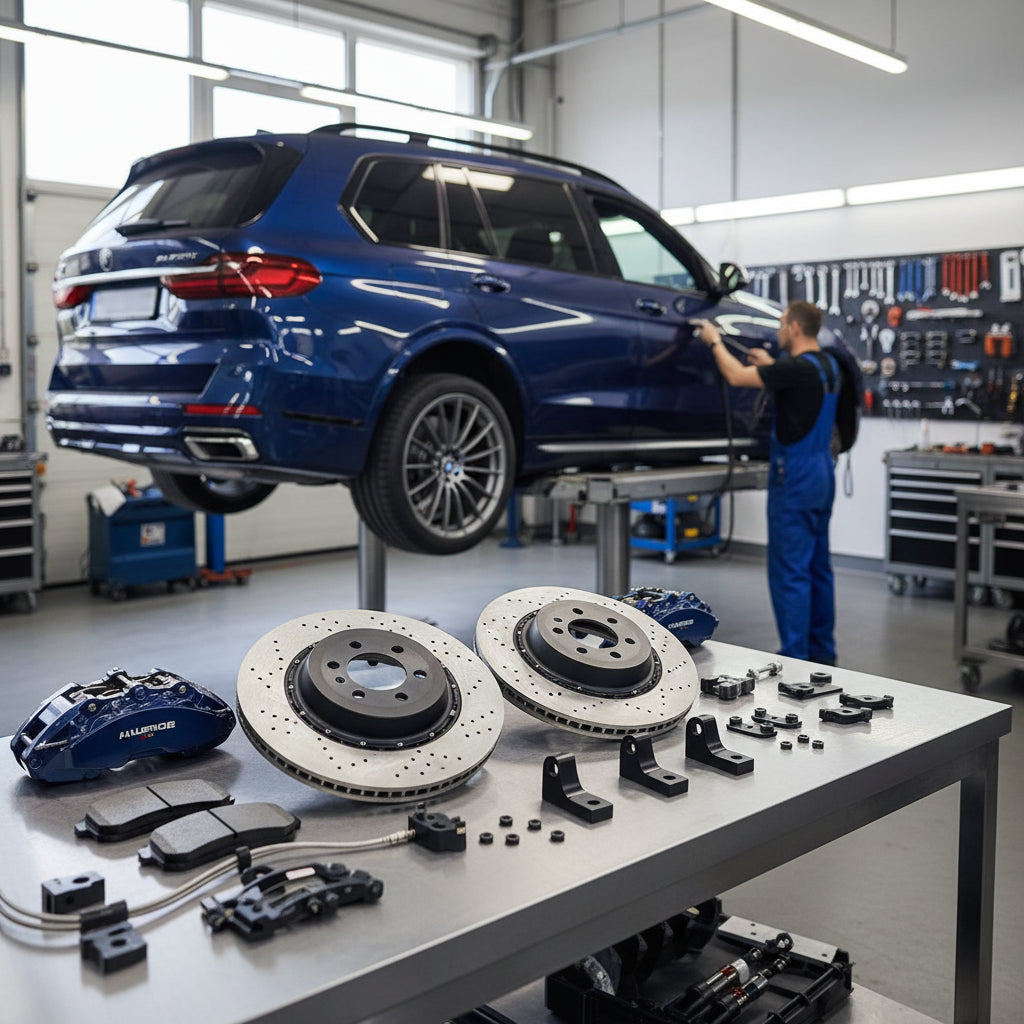 A high-performance BMW Big Brake Kit featuring large ventilated rotors and multi-piston calipers for an ALPINA XB7