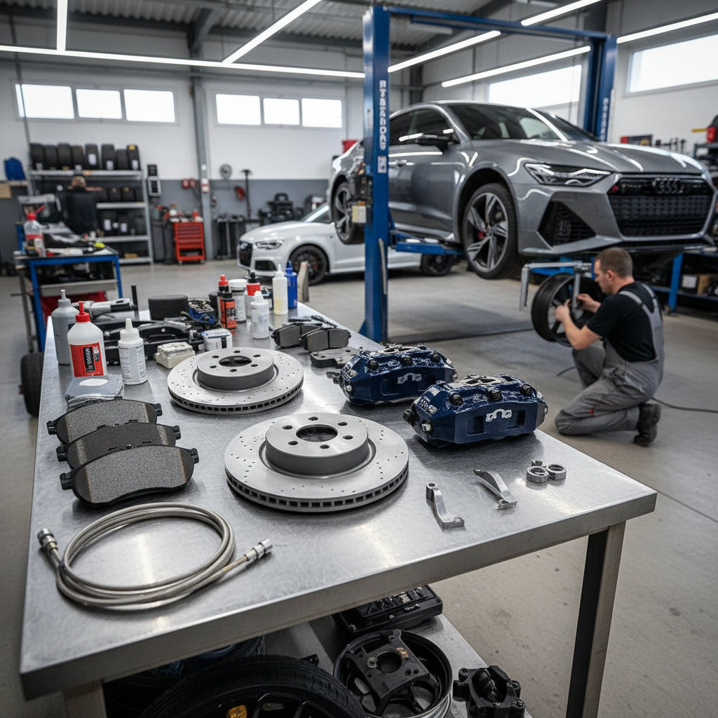 A high-performance Audi Big Brake Kit featuring large multi-piston calipers and oversized ventilated rotors