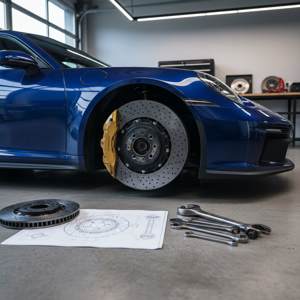 A close-up view of a Porsche 992 GT3 carbon ceramic brake rotor and yellow caliper assembly behind center-lock wheels