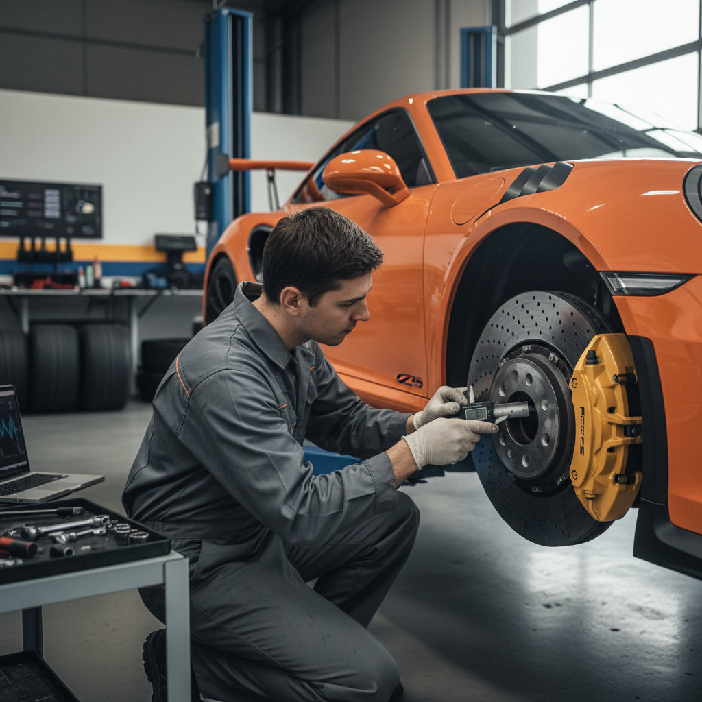 A close-up view of a Porsche GT3 RS wheel featuring a yellow PCCB caliper and a carbon ceramic brake rotor