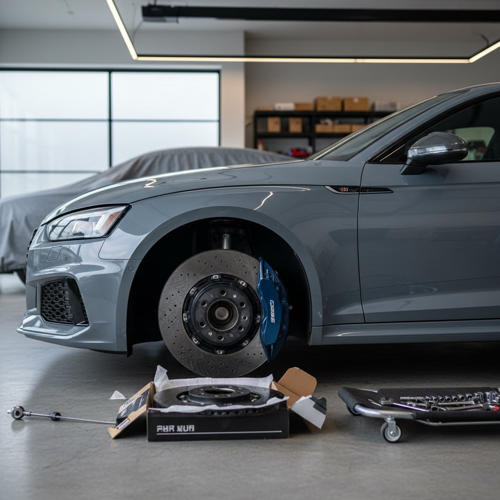A close-up view of a high-performance carbon ceramic brake rotor and caliper assembly on an Audi RS5