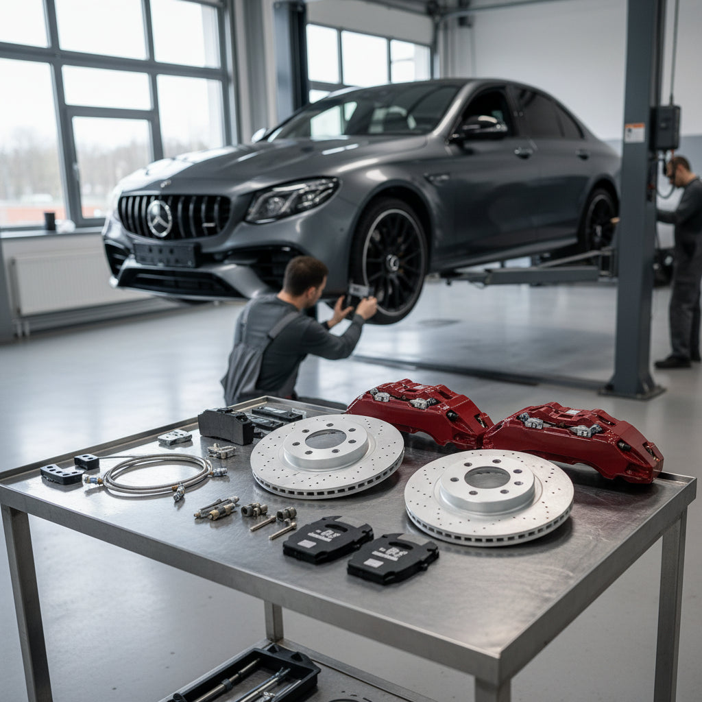 A high-performance Mercedes-AMG Big Brake Kit featuring carbon ceramic rotors and multi-piston calipers for track and street