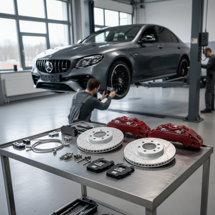 A high-performance Mercedes-AMG Big Brake Kit featuring carbon ceramic rotors and multi-piston calipers for track and street