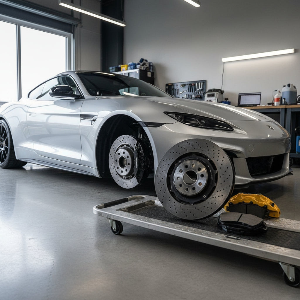 A detailed view of a high-performance carbon ceramic brake system on a luxury sports car