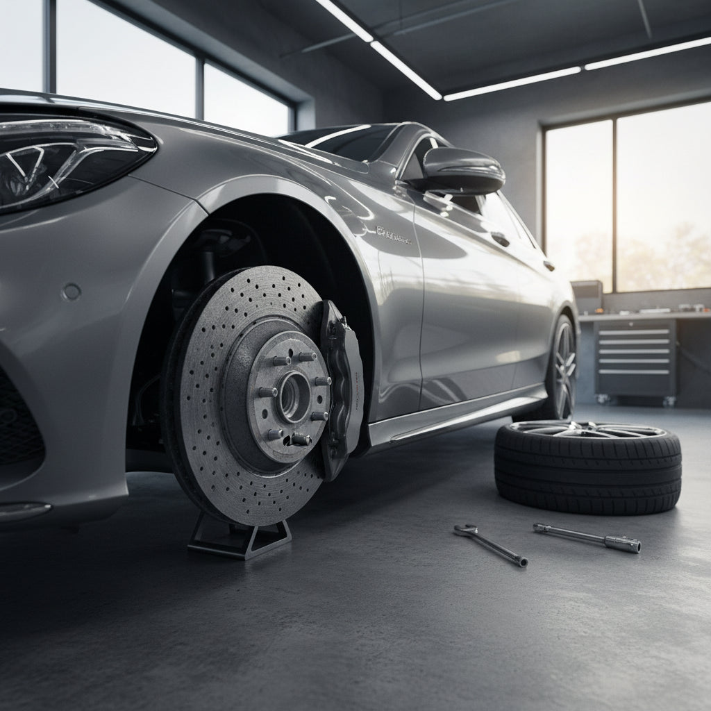 Close-up of a Mercedes-Benz C300 carbon ceramic brake rotor and AMG caliper showing the specialized friction surface