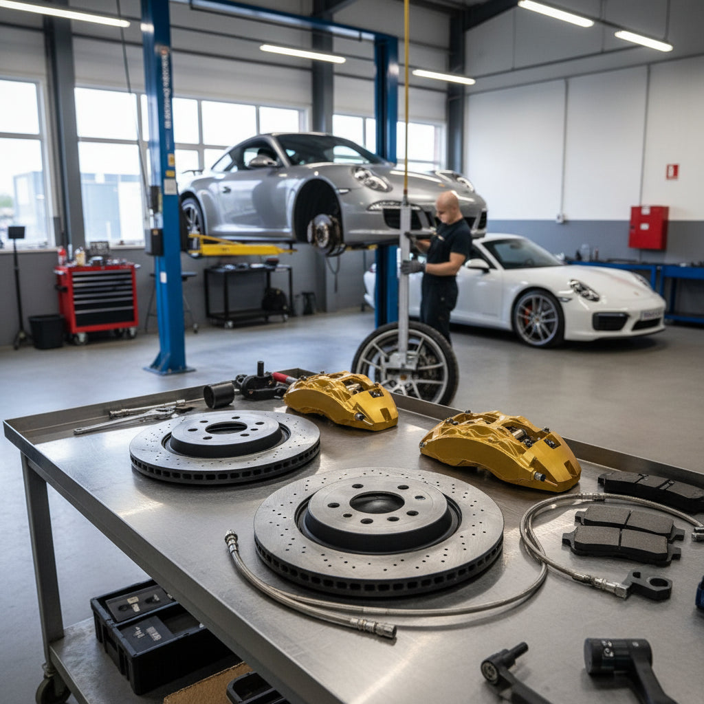A high-performance Porsche Big Brake Kit featuring yellow calipers and large carbon ceramic rotors installed on a 911 chassis