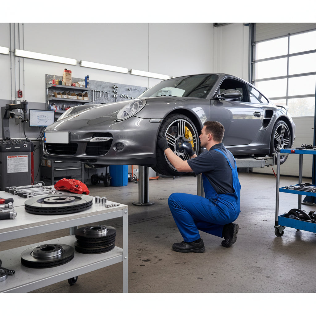 A Porsche 997 Turbo wheel showing the yellow PCCB caliper and carbon ceramic rotor
