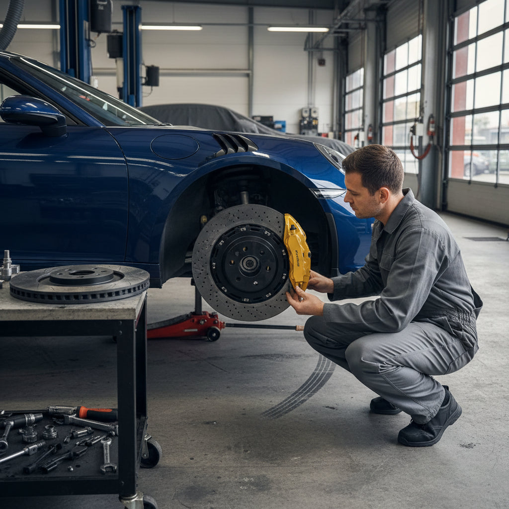 A set of aftermarket direct-fit carbon ceramic brake rotors for Porsche 911 GT3 models showing the composite surface and alum