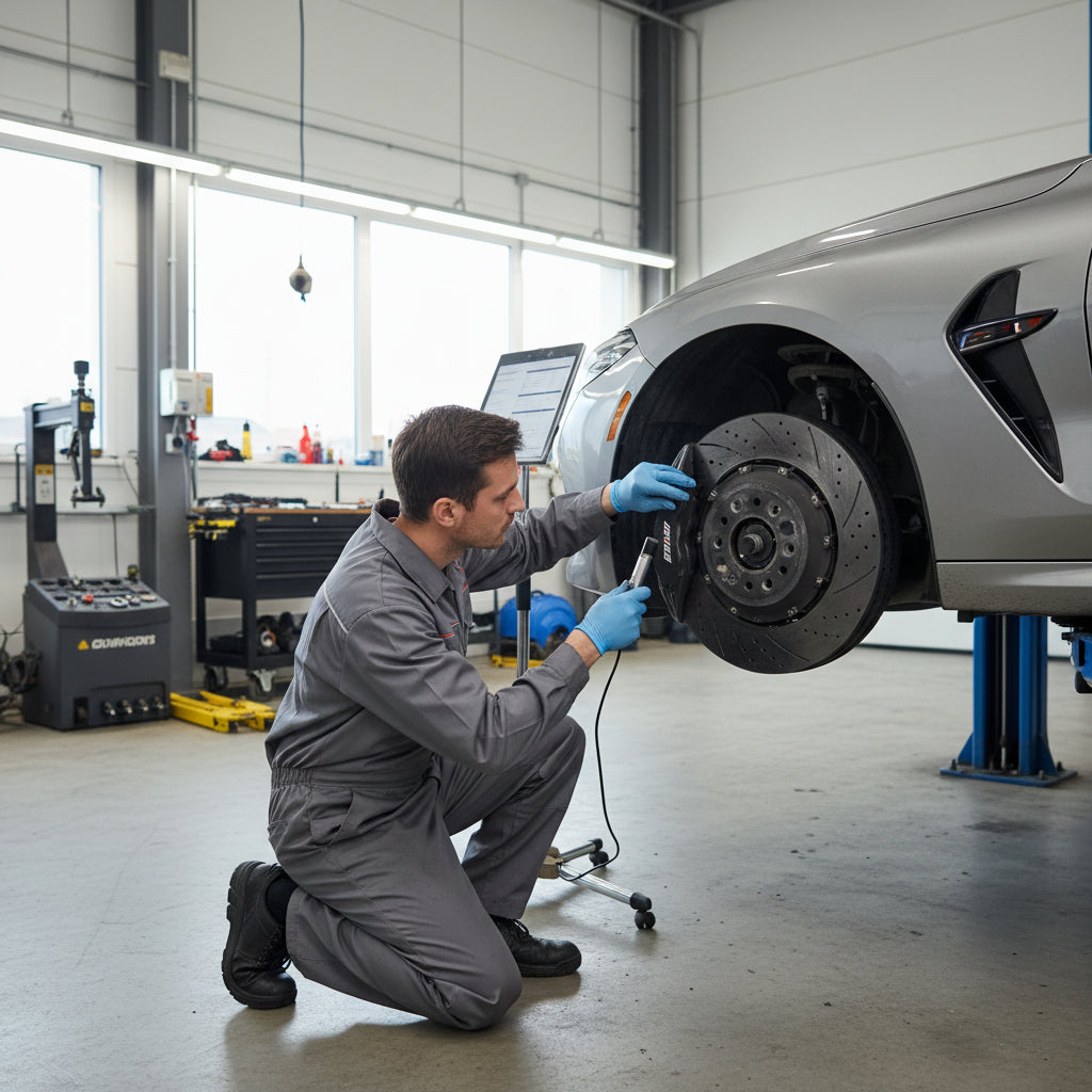A close-up inspection of a gold BMW M Carbon Ceramic Brake rotor and caliper on a BMW M8 Competition