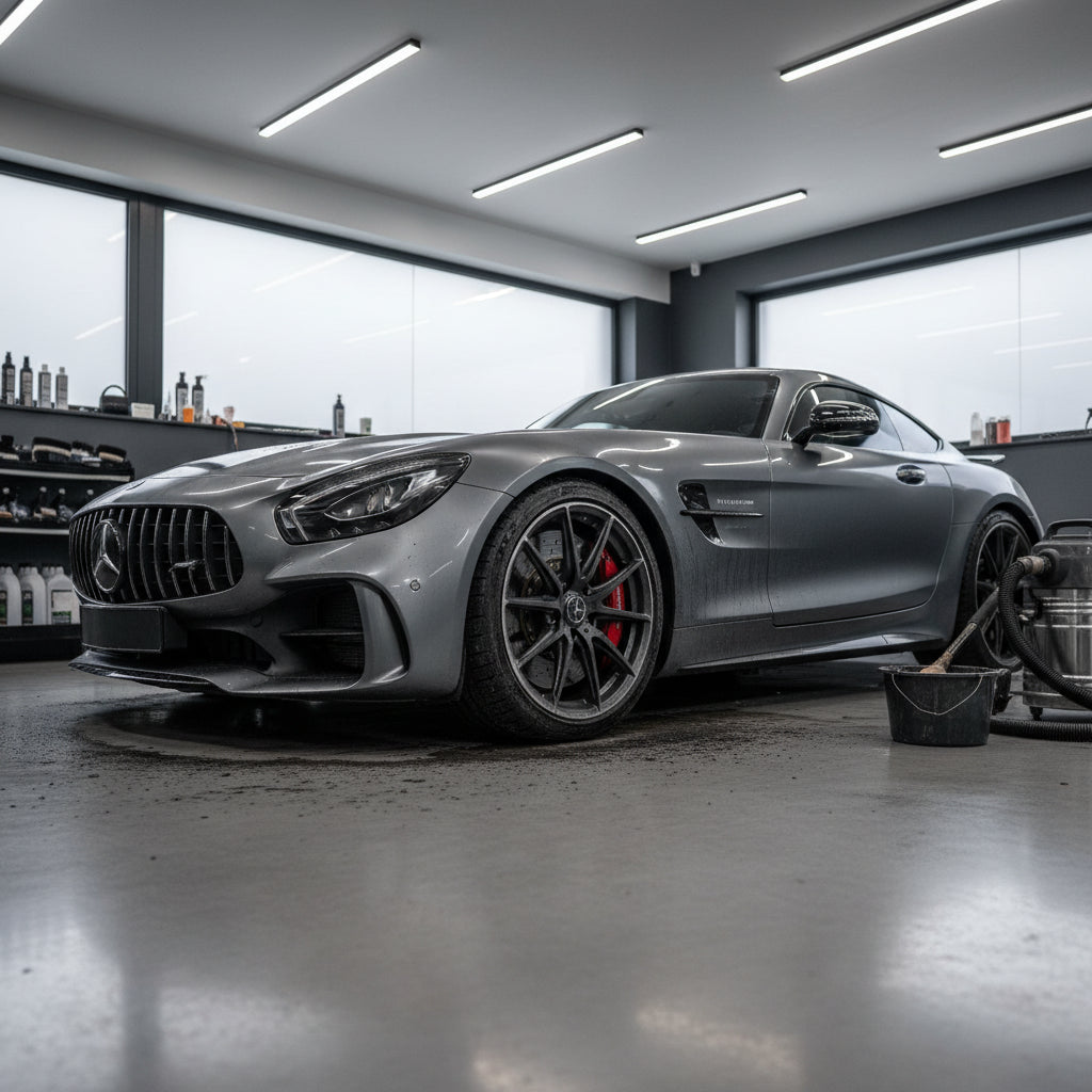 Close-up of a Mercedes AMG multi-spoke wheel showing dark grey brake dust accumulation on the rim and calipers