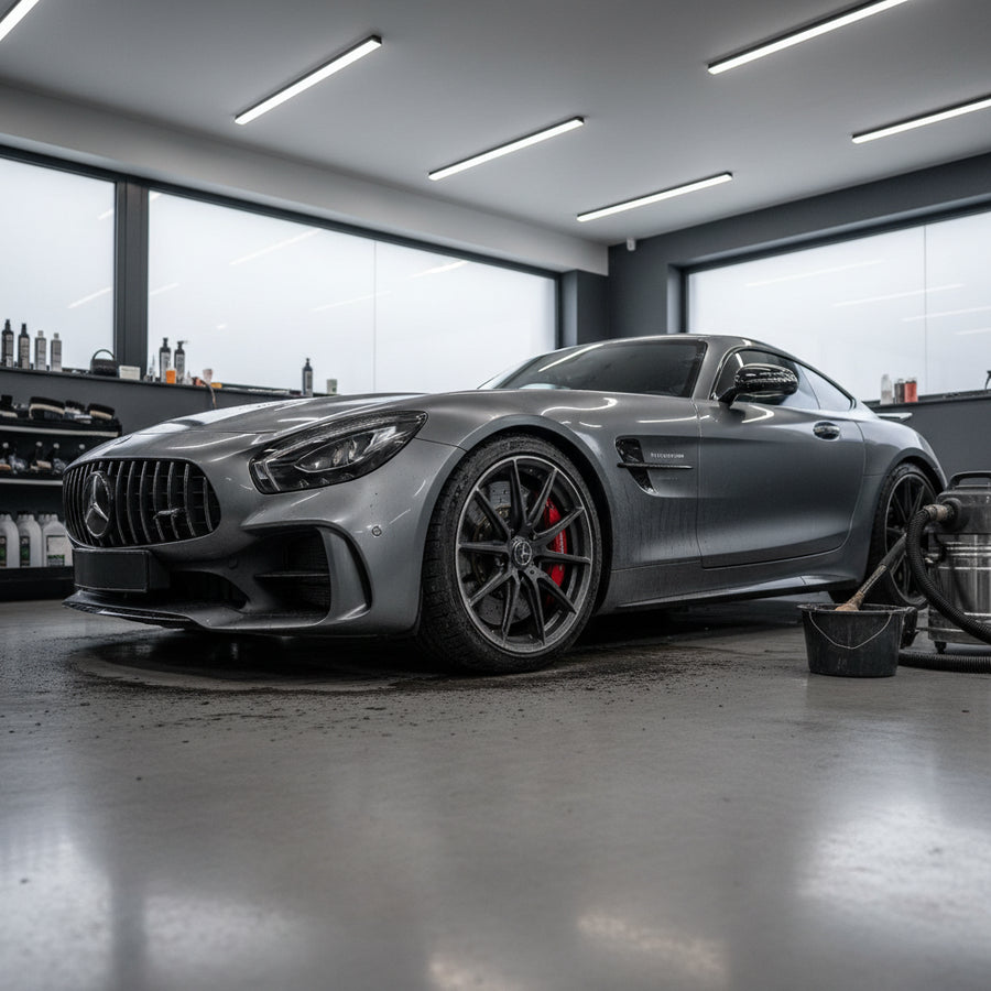 Close-up of a Mercedes AMG multi-spoke wheel showing dark grey brake dust accumulation on the rim and calipers