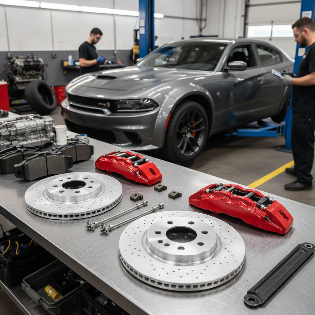 A high-performance Dodge Big Brake Kit featuring oversized carbon ceramic rotors and multi-piston calipers for a Challenger H