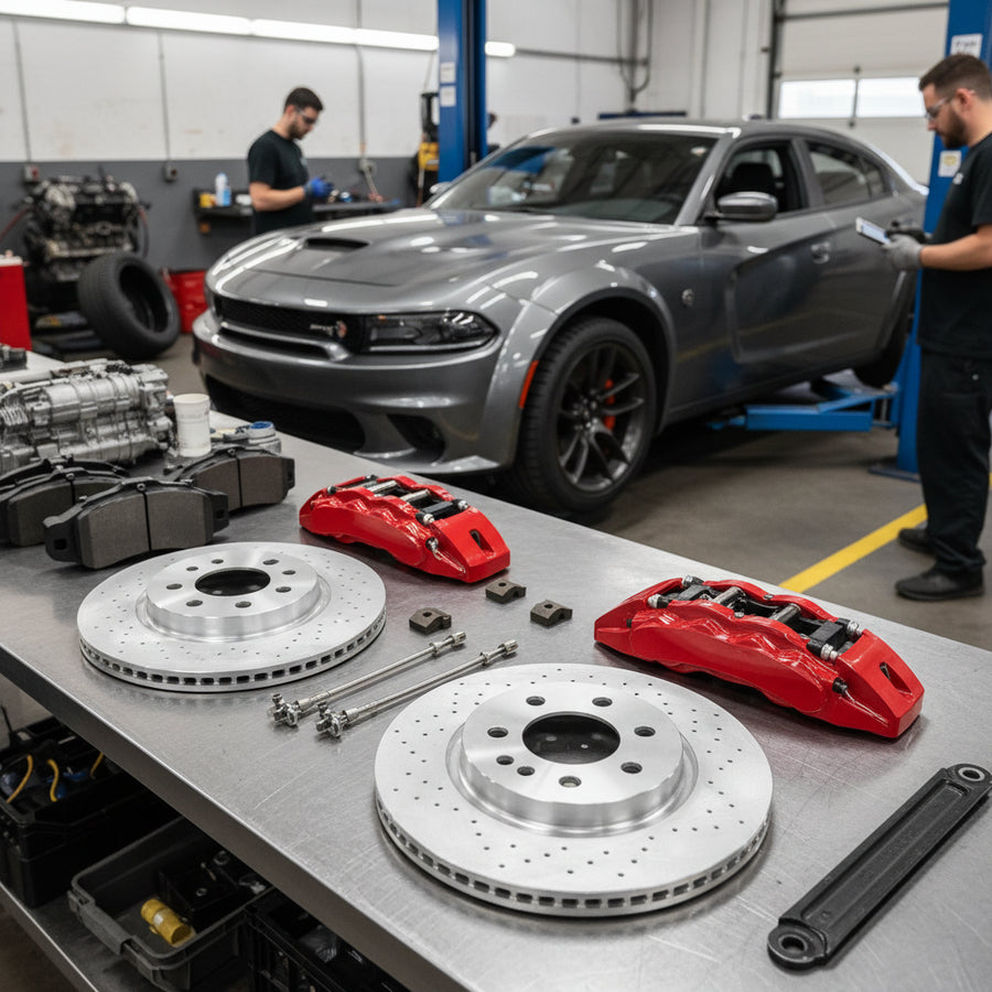 A high-performance Dodge Big Brake Kit featuring oversized carbon ceramic rotors and multi-piston calipers for a Challenger H