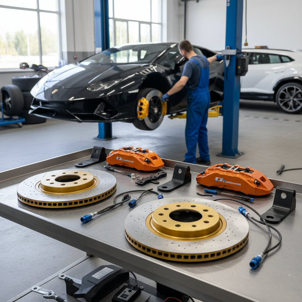 A high-performance Big Brake Kit featuring carbon ceramic rotors and multi-piston calipers designed for a Lamborghini Huracan