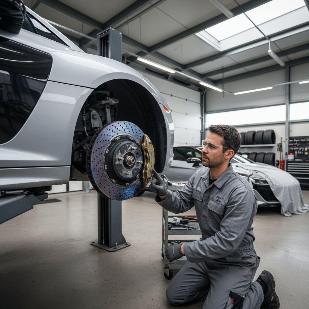 A close-up inspection of a Lamborghini Huracan carbon ceramic brake rotor and multi-piston caliper showing wear indicators