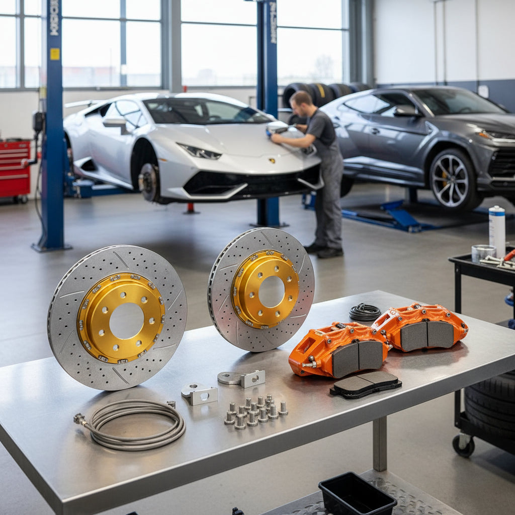 A high-performance Lamborghini Big Brake Kit featuring carbon ceramic rotors and multi-piston calipers installed for track us