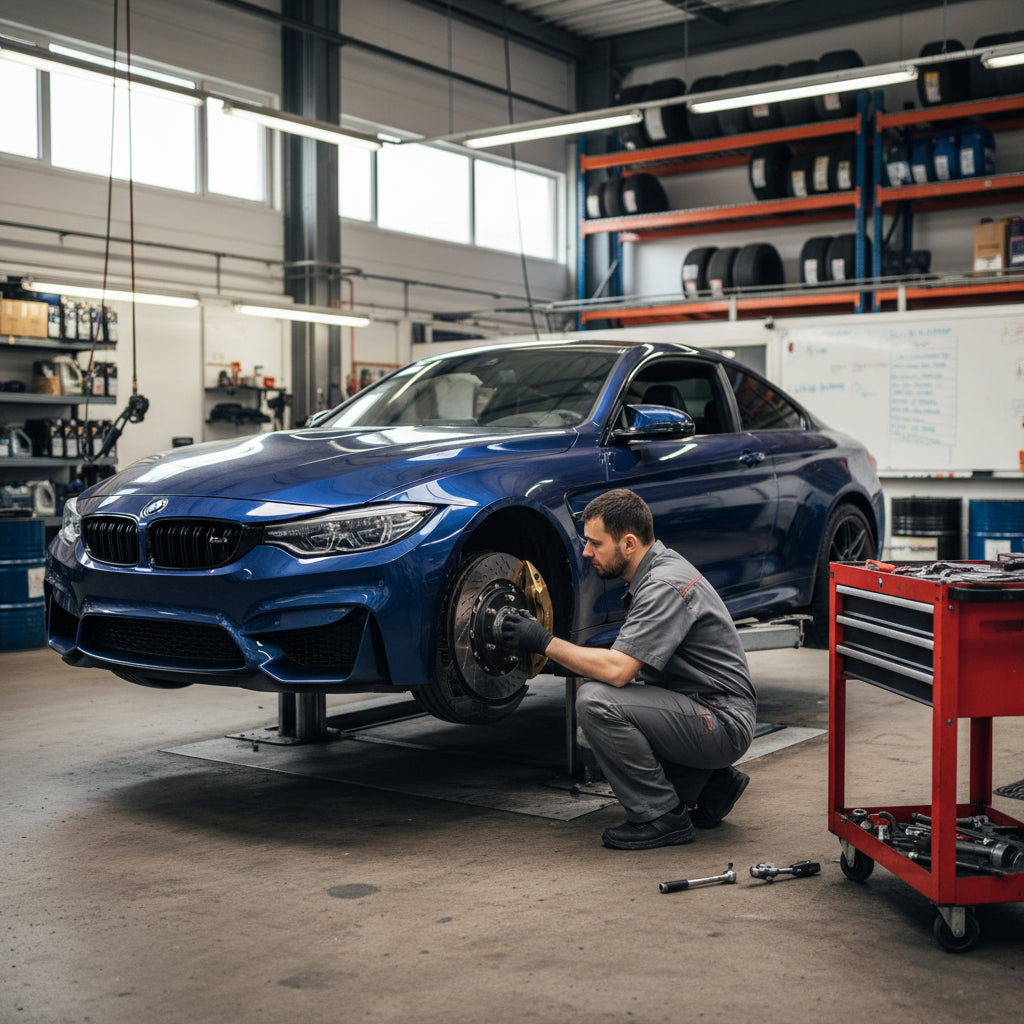 A 2019 BMW M4 with gold calipers and M Carbon Ceramic Brake rotors parked in a service bay