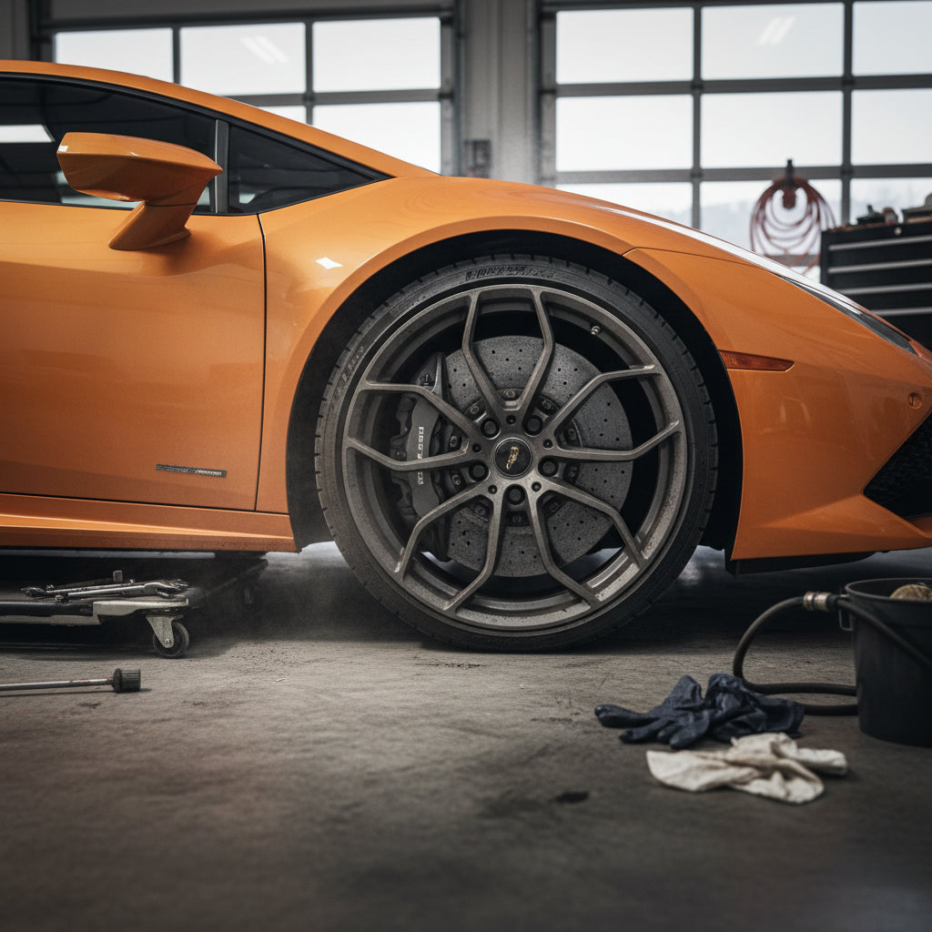 Close-up of a Lamborghini Huracan carbon-ceramic brake rotor showing surface texture and minor dust accumulation near the cal