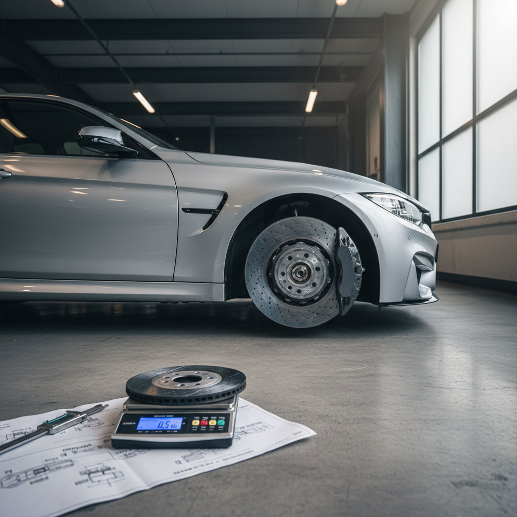 A close-up of a BMW F8x carbon ceramic brake rotor showing the engraved weight and wear specifications on the aluminum hub