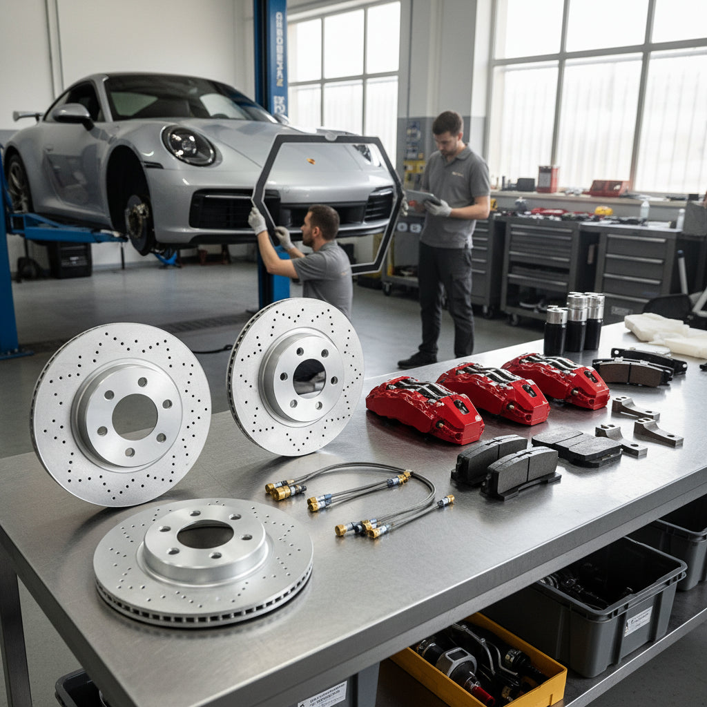A high-performance Porsche Big Brake Kit featuring carbon ceramic rotors and multi-piston calipers installed on a 911
