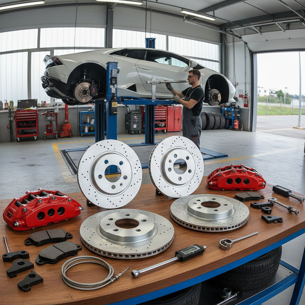 A high-performance Lamborghini Big Brake Kit featuring large carbon ceramic rotors and multi-piston calipers for maximum stop