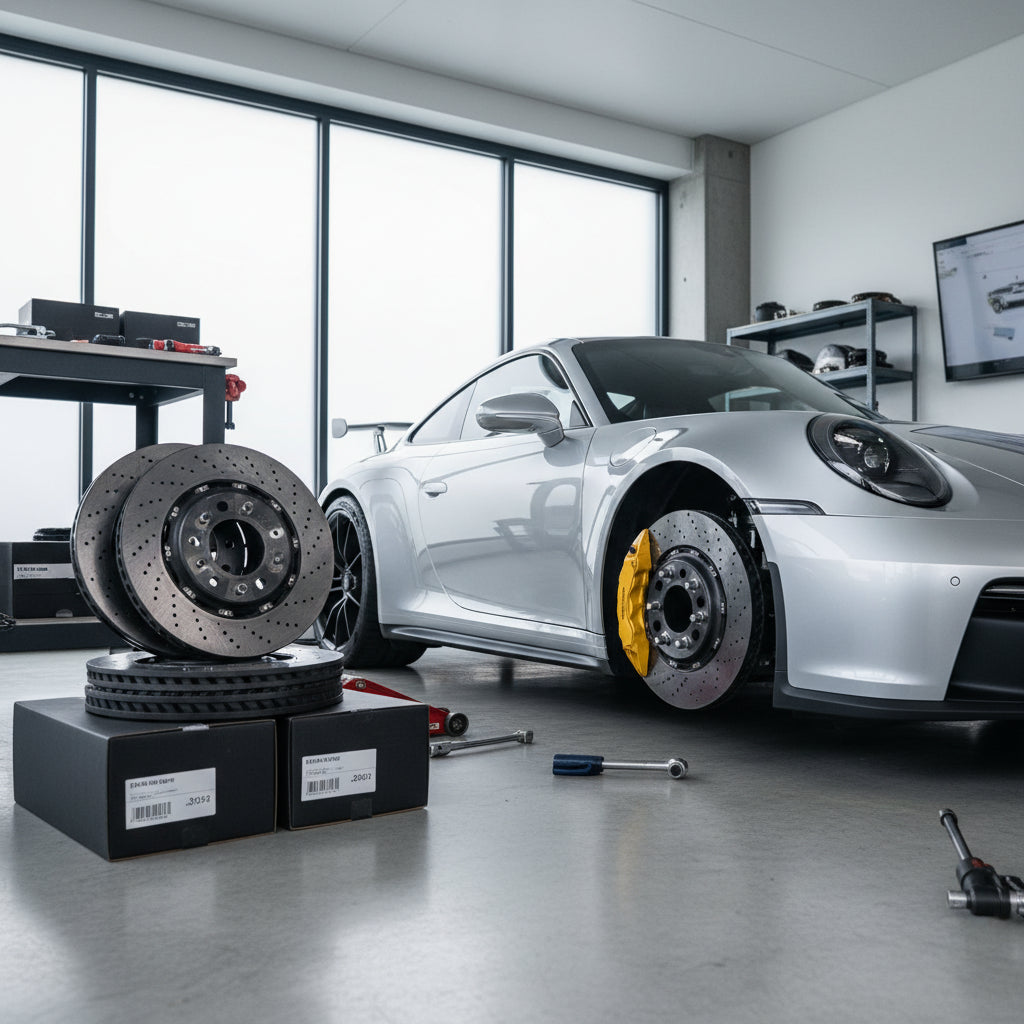 A high-performance carbon ceramic brake rotor assembly designed for the Porsche 911 series showing precision cooling vanes