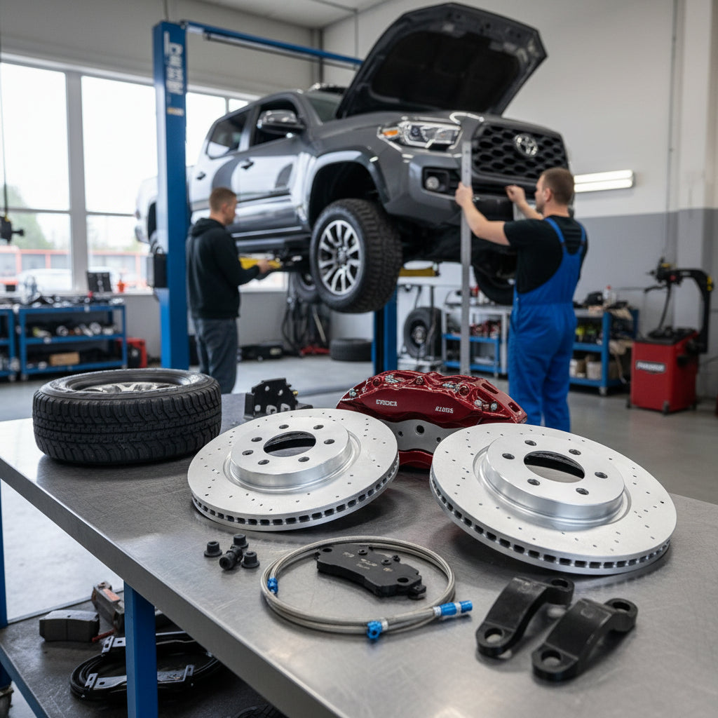 A high-performance Toyota Big Brake Kit showing the oversized rotor and multi-piston caliper clearance behind an alloy wheel