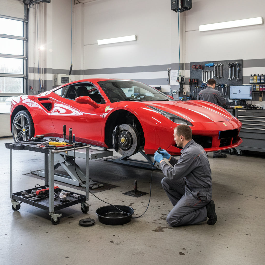 A close-up view of a Ferrari 488 carbon ceramic brake rotor and caliper during a professional service inspection