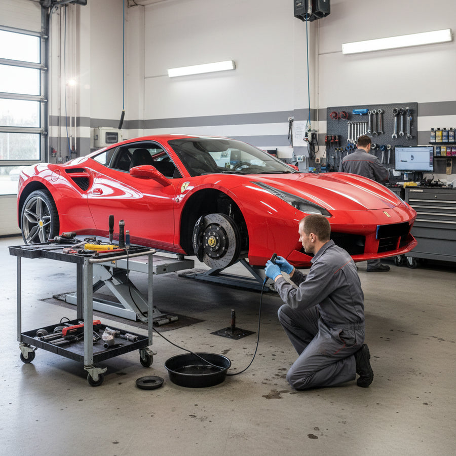 A close-up view of a Ferrari 488 carbon ceramic brake rotor and caliper during a professional service inspection